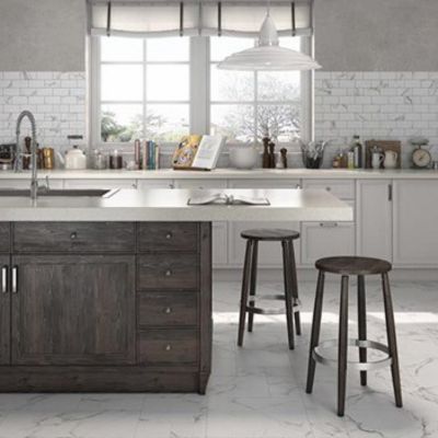 marble look tile floors in a charming bright kitchen in Morgantown, WV